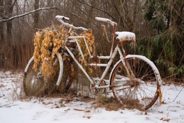 Bicicletta tandem coperta di neve dimenticata in inverno creata con AI generativa