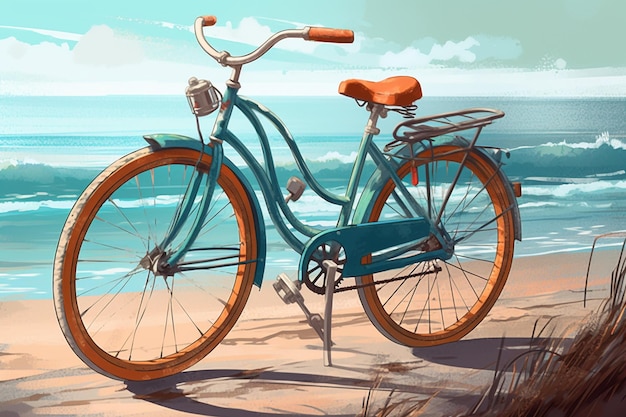 Bicicletta vintage sulla spiaggia illustrazione 3D in stile vintage