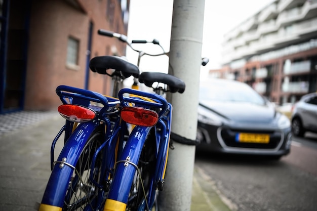Biciclette blu in città europea in strada per attività di guida turistica Trasporto ecologico verde per il ciclismo urbano