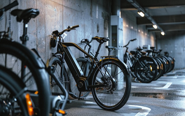 Biciclette elettriche parcheggiate in fila in un parcheggio sotterraneo
