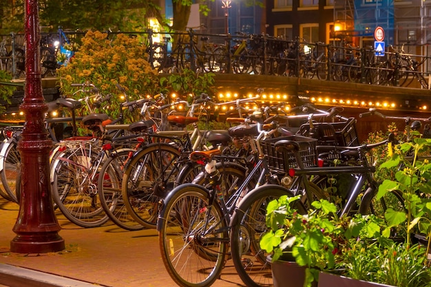 Biciclette sul ponte notturno e sull'argine di Amsterdam