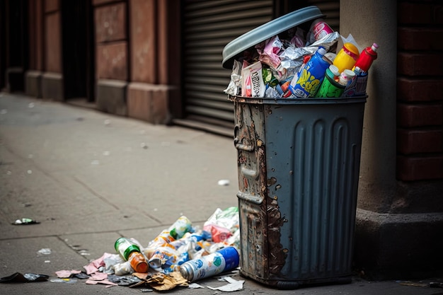 Bidone della spazzatura per bottiglie di plastica traboccante di spazzatura in ambiente urbano