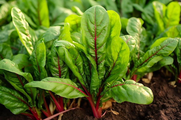 Bietola che cresce in un giardino urbano Primo piano di barbabietole da giardino e foglie di insalata IA generativa