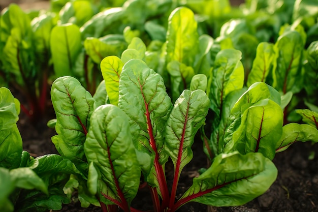 Bietola che cresce in un giardino urbano Primo piano di barbabietole da giardino e foglie di insalata IA generativa