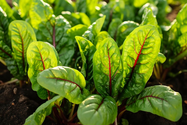 Bietola che cresce in un giardino urbano Primo piano di barbabietole da giardino e foglie di insalata IA generativa