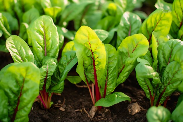 Bietola che cresce in un giardino urbano Primo piano di barbabietole da giardino e foglie di insalata IA generativa