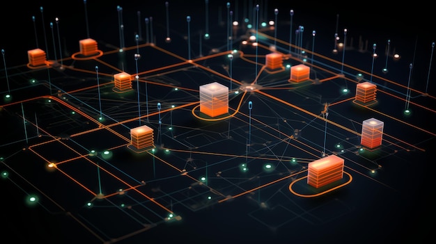 Big data Un diagramma di rete futuristico che mostra i punti di accesso al server Infosystem