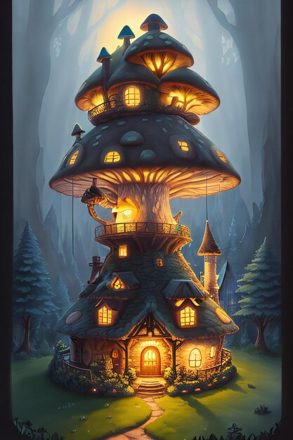 Big Mushroom House FiabaLuci notturne magicheIllustrazione realisticaun magico villaggio di montagna