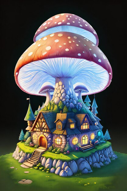 Big Mushroom House FiabaLuci notturne magicheIllustrazione realisticaun magico villaggio di montagna