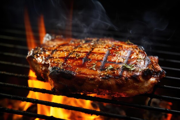 Big Steak on Grill Meat Barbecue Closeup BBQ con fiamma Grilled Fillet Peace Grilling Beefsteak Illustrazione generativa di AI