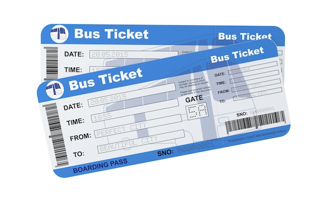 Biglietti per la carta d'imbarco dell'autobus su sfondo bianco