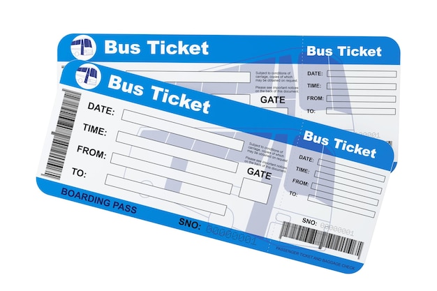 Biglietti per la carta d'imbarco dell'autobus su sfondo bianco