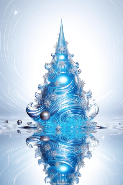 Biglietto d'auguri con forme geometriche a spirale sotto forma di albero di Natale blu su una superficie riflettente