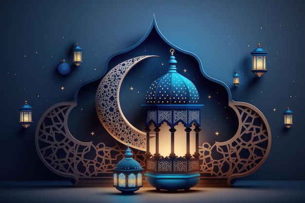 Biglietto d'auguri Ramadan Kareem con lanterne dorate a mezzaluna e moschea su sfondo blu IA generativa