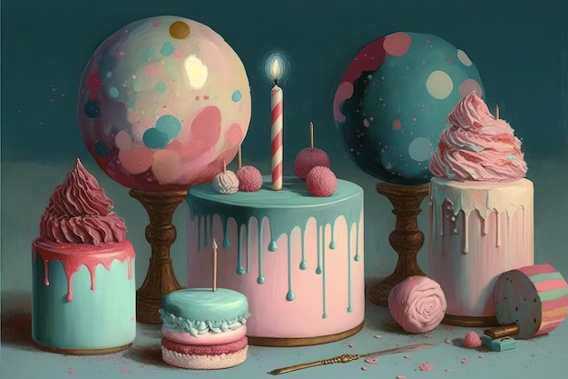 Biglietto d'auguri torta rosa e blu candele e palloncini ai generativa