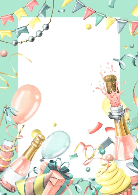 Biglietto d'auguri verticale con palloncini rosa champagne regali torta di bandiere di coriandoli