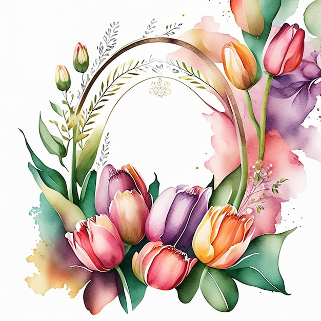 Biglietto d'invito acquerello tulipano o design con cornice floreale