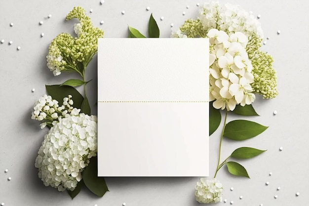 biglietto d'invito per matrimonio mockup bianco vuoto con decorazioni floreali in gypsophila AI generativa