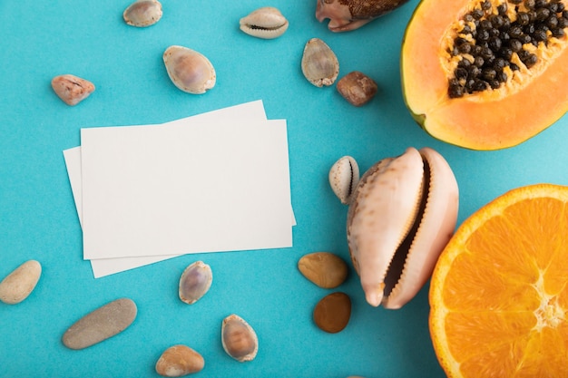 Biglietto da visita in carta bianca con conchiglie arancio papaya tagliate mature su sfondo pastello blu pastello Vista dall'alto dello spazio della copia primo piano