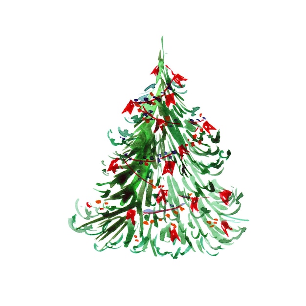 Biglietto di auguri albero di Natale Dipinto ad acquerello con albero di Natale