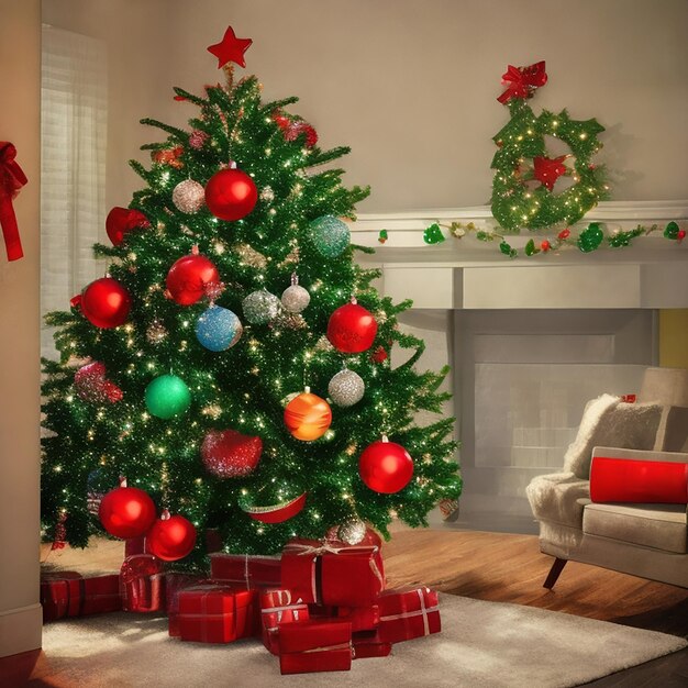 Biglietto di auguri di buon Natale Albero di Natale decorato con palline colorate e ornamenti