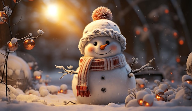 Biglietto di auguri di buon Natale e felice anno nuovo Pupazzo di neve felice Sfondo di neve Racconto d'inverno