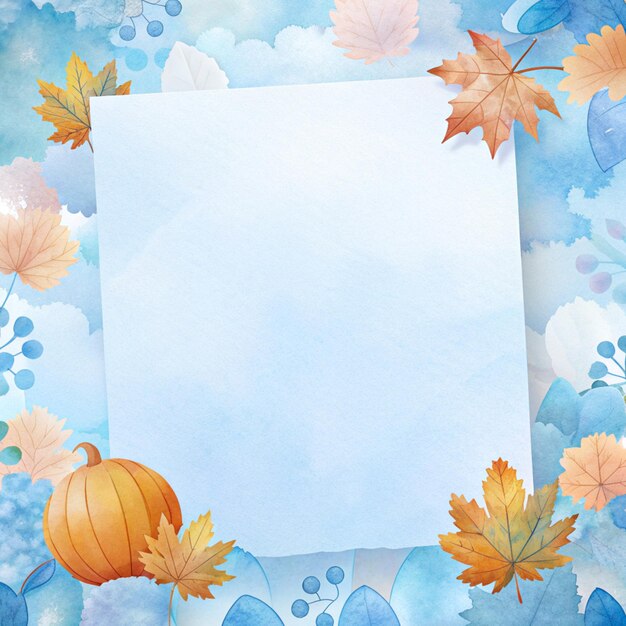 biglietto di auguri di carta bianca per il Ringraziamento con foglie d'autunno e zucca su sfondo blu