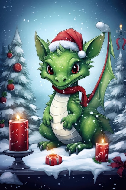 Biglietto di auguri di Natale con divertente simbolo del drago verde del 2024