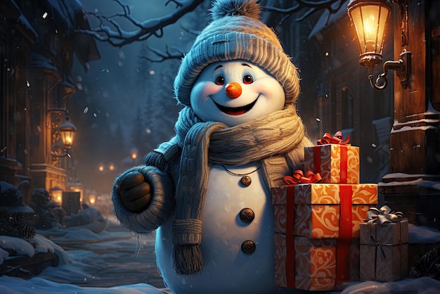 Biglietto di auguri di Natale con pupazzo di neve con scatole regalo per festeggiare il nuovo anno