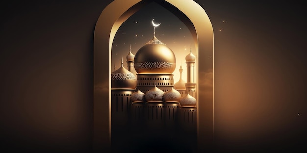 Biglietto di auguri festivo con illustrazione generata dall'ai per il mese santo musulmano Ramadan Kareem con moschea e mezzaluna