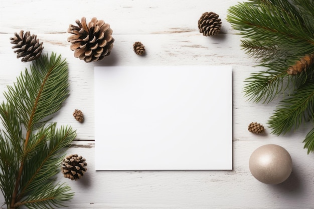 Biglietto di auguri natalizi vuoto con spazio mockup su tavolo di legno bianco Spazio per il testo AI generativa