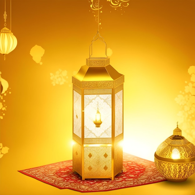 Biglietto di auguri Ramadan Kareem con lanterna dorata su sfondo giallo