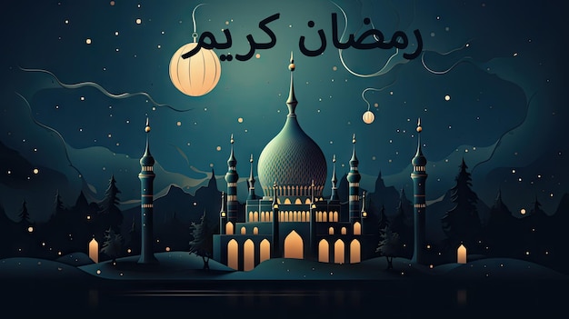 Biglietto di auguri Ramadan Kareem con moschea nella notte IA generativa