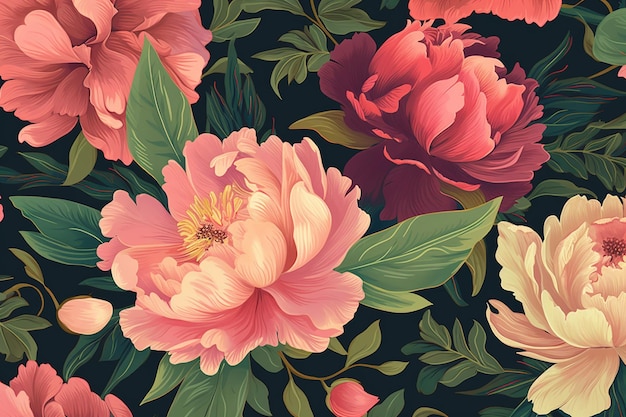 Biglietto floreale Peonie lussureggianti rosa Modello per la progettazione di imballaggi per inviti di nozze di auguri per le vacanze Contenuto di intelligenza artificiale generativa