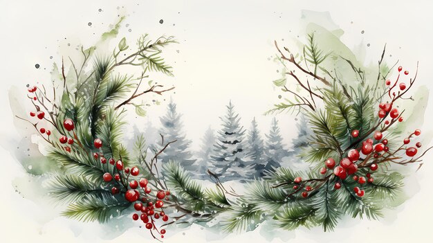 biglietto natalizio ad acquerello con rami di pino e bacche