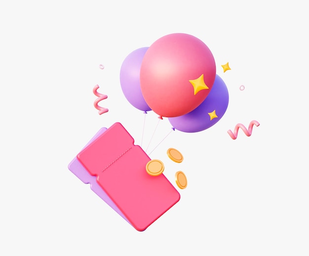 Biglietto rosa 3D con palloncini e monete Per l'estrazione del codice promozionale Acquista online in un negozio online Illustrazione di rendering 3d