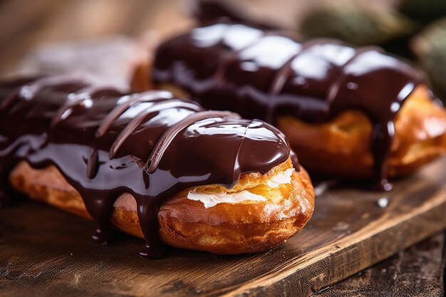 Bignè al cioccolato glassato su tavolo in legno rustico da vicino