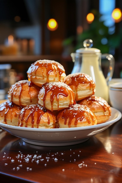 Bignè alla crema di profiteroles sul tavolo con foto di sfondo della cucina realistica con risoluzione 4K generata da AI