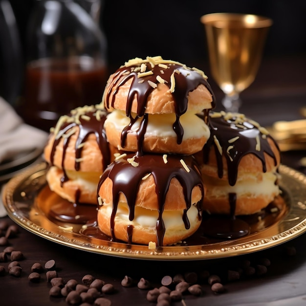 Bignè con glassa al cioccolato e chicchi di caffè su sfondo di legno