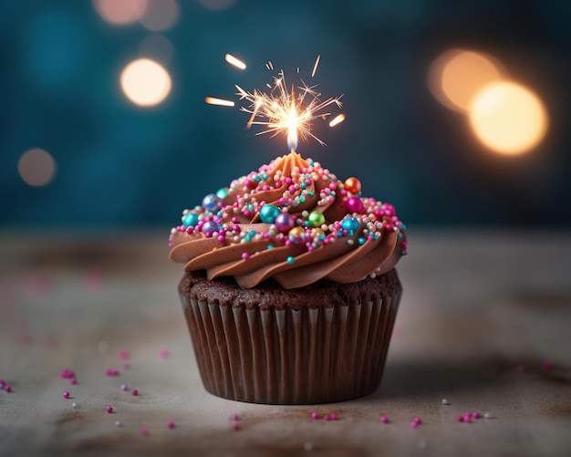 Bigné di compleanno con la candela sulla tavola di legno IA generativa