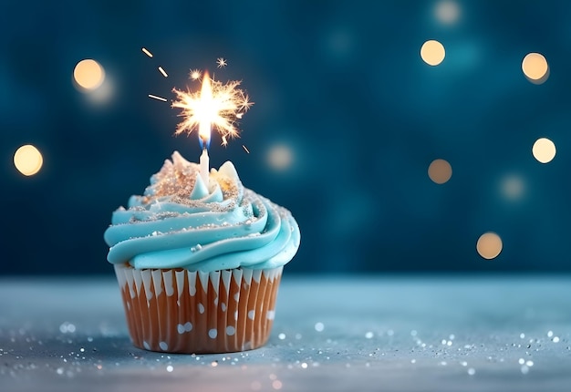 Bigné di compleanno con una candela e una decorazione festiva di orpelli su sfondo blu con spazio per la copia AI generato