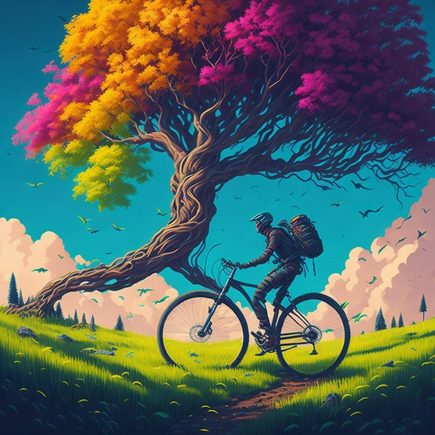 Biker in bicicletta in prato con albero fantasioso e firmamento multicolore Concetto di fantasia Illustratio