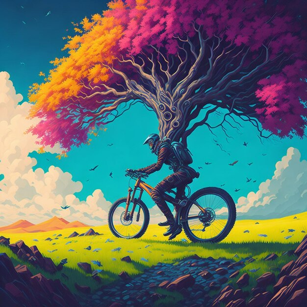 Biker in bicicletta in prato con albero fantasioso e firmamento multicolore Concetto di fantasia Illustratio