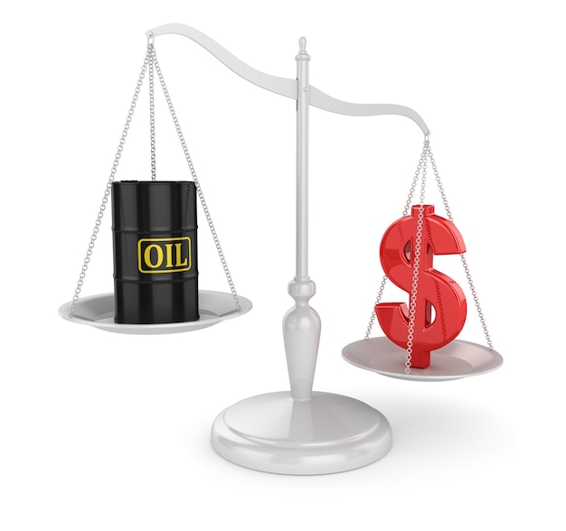 Bilancia classica con barile di petrolio e simbolo del dollaro