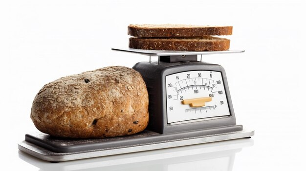 Bilancia con sana fetta di pane e nastro di misurazione su sfondo bianco