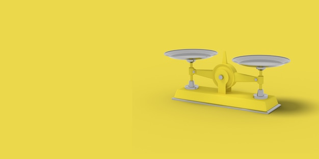 Bilancia gialla su sfondo giallo. Immagine astratta. Affari di concetto minimo. Rendering 3D.