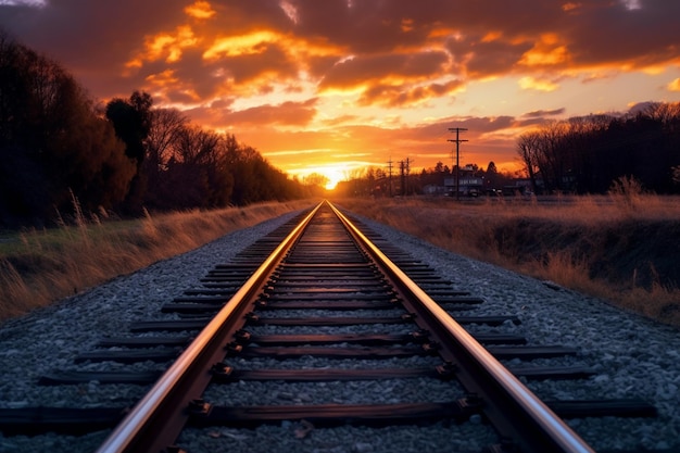 Binari del treno che conducono a un tramonto con un tramonto sullo sfondo.