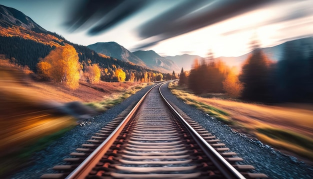 Binari del treno in montagna con uno sfondo sfocato