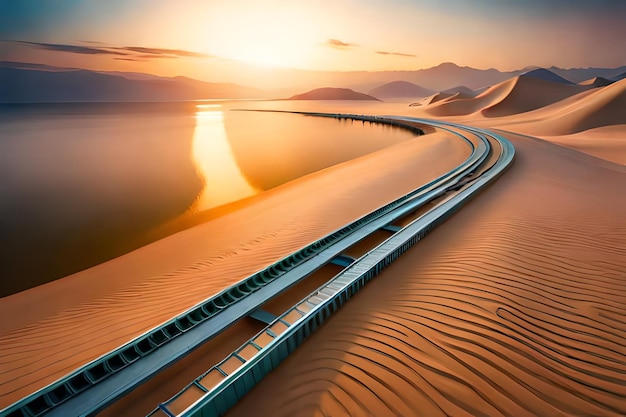 Binari del treno nel deserto con il sole che tramonta dietro di loro.