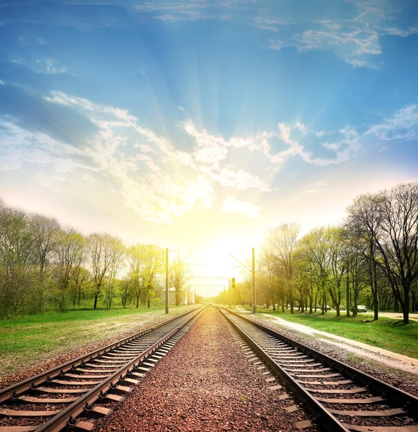 Binari ferroviari in una scena rurale con un bel tramonto pastello